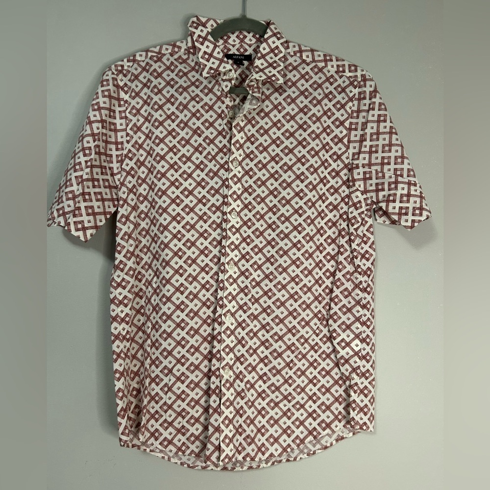 Men's Alfani Geometric Pattern Shirt - Burgundy and White, Size M